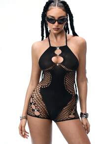 Swim EVENT Black Sleeveless Hollow-Out Fishnet Rhinestone Decor Bodysuit, Fashionable Sexy Cover-Up Dress For Beach Holiday - Black - View 3