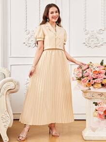 SHEIN 3pcs/Set Elegant Outfit For Teen Girls, White Camisole, Apricot Blazer, And Wide-Leg Pleated Skirt - Khaki - View 4