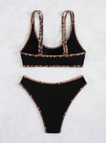 SHEIN Swim 2 件套新款夏季棕色紧身性感优雅派对音乐节休闲度假海滩比基尼女式泳装 - 棕色 - 查看 7