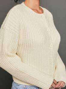 WESTFADE Spring Cable Knit Crew Neck Button Front Long Sleeve Cardigan Sweater - White - View 12