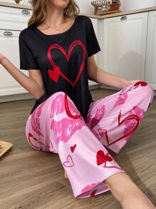 Conjunto de pijama de mujer con estampado romántico de corazón y labios