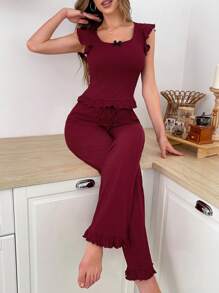 DUSKBASE Elegant Simple Ruffled Trim Women Pajama Set Outfit - Burgundy - View 5