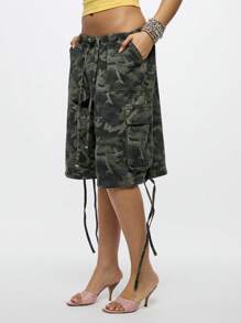 SUMWON WOMEN 工装实用长短裤军装风格抽绳松紧腰夏季春季休闲口袋百慕大长度户外徒步散步