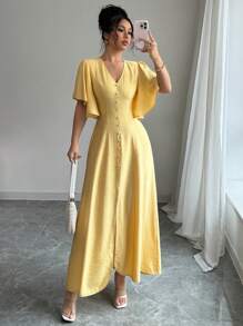 Elenzga 女士时尚优雅休闲 V 领 A 字型黄色中长连衣裙，带纽扣装饰，喇叭袖口，适合茶会、度假、通勤、春夏 - 黃色 - 查看 3