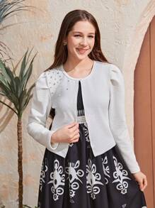 Teen Girl 2 Pieces Set: Elegant Woven Wide Strap High-Low Floral Dress & Textured Knit Crew Neck Puff Sleeve Cropped Jacket, For Spring/Autumn Outer Wear, Summer Air Conditioning,Holiday,Summer,Travel