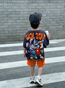 SHEIN Leap Crew 2 Pieces/Set Young Boys Casual Street Fashion Loose Fit Cartoon Graffiti Print Short Sleeve Oversized T-Shirt + Shorts Set, Comfortable For Daily Wear, Sports, Home, Travel, Suitable For Spring/Summer - Orange - View 4