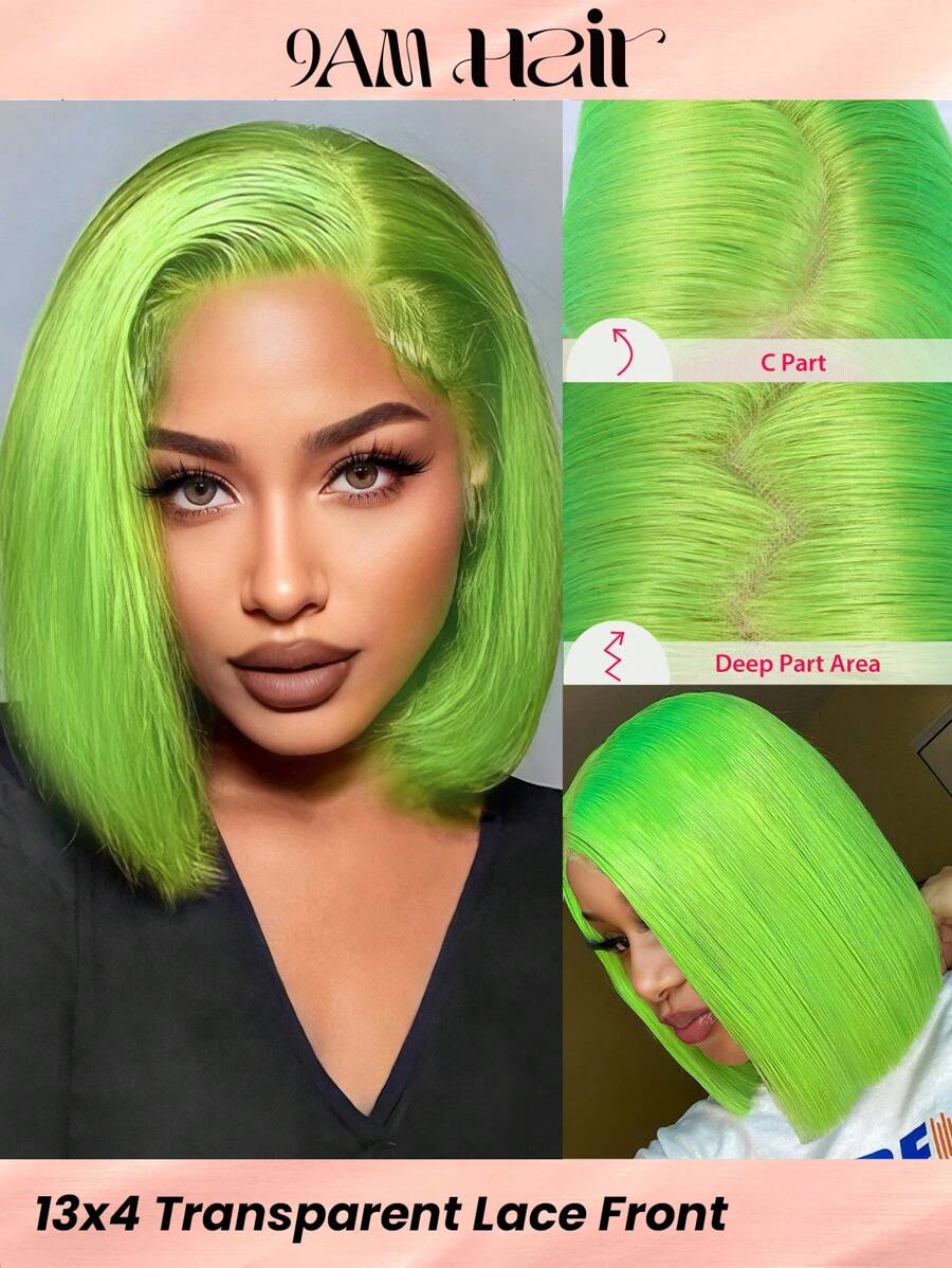 Green Bob Human Hair Wig, 13x4 Lace Frontal Short Straight Bob Wigs, Pre‑Plucked Hairline, 150% Density, Healthy Durable Remy Hair, Natural Looking For Women Daily Wear & Halloween Cosplay - SGreen - View 1