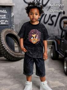 2 件套 Tween Boy 街头服饰卡通印花针织牛仔休闲上衣和短裤套装，时尚百搭，2025 年春夏新款日常必备服装 - 黑色 - 查看 1