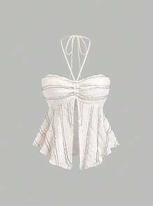 Sweetra Women's New Sexy Backless Front Slit Pleated Tube Top With Tie Strap