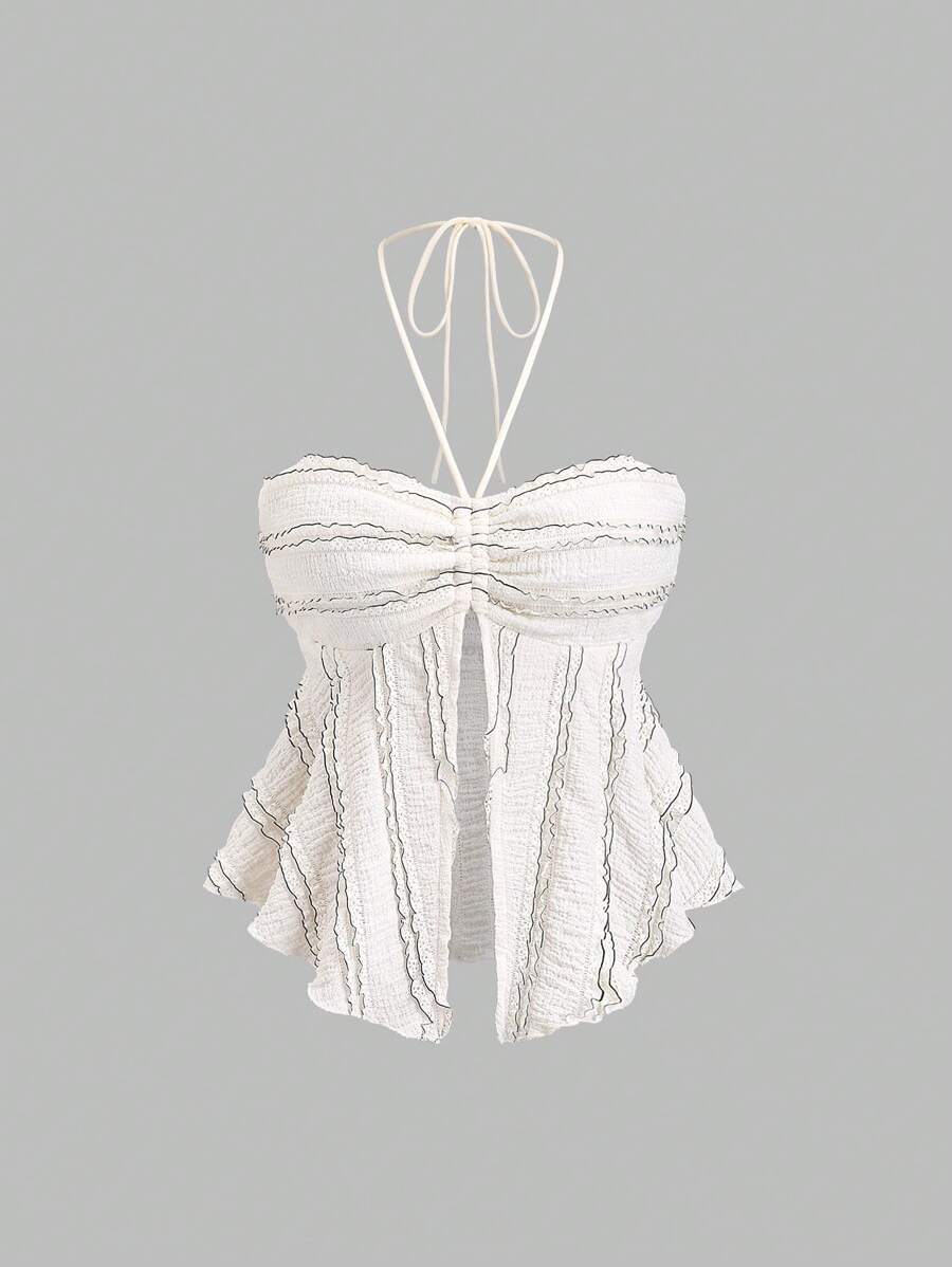 Sweetra Women's New Sexy Backless Front Slit Pleated Tube Top With Tie Strap