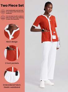TaskEZ Ensemble de tenue de travail infirmière avec Top à manches courtes et pantalon de couleur contrastée, vêtements de travail pour femmes, grandes tailles, deux pièces