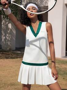 Tropiluxe Damesmode Atletisch Sportief Tennis Colorblock V-hals Mouwloos Geplooide Zoom Tankjurk