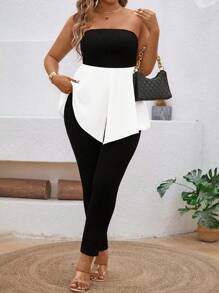 SHEIN Clasi Plus Size Women Contrast Color Strapless Top - Black and White - View 3