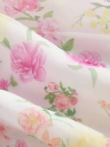 SHEIN MOD Floral Print Mesh Overlay Dress With Bow Decor,Concert ,Graduation ,Romantic ,Spring ,Festival,Vintage, Elegant,Party,Bowwedding Guest,Tea Party ,Modest ,Prom ,Formal ,Floral,Fairycore,Classy Outfits For Women,