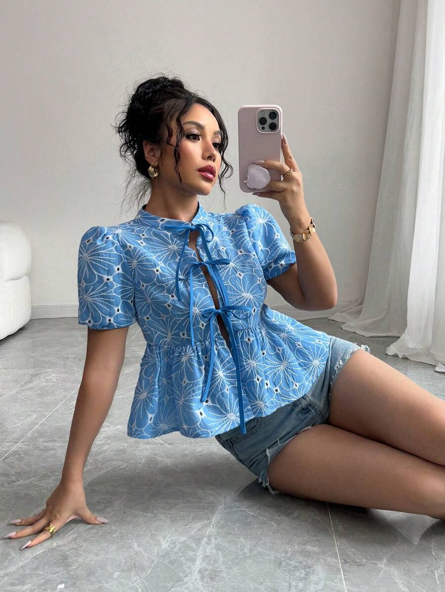 Chiquease Vacation Casual Embroidered Floral Stand Collar Drawstring Elastic Cuff Dolman Blouse For Women - Blue - View 1