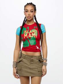 SUMWON WOMEN Island Mami 夏季海滩度假短款婴儿 T 恤热带派对节加勒比 Y2K 舞蹈俱乐部上衣 07 号夏季度假街头服饰
