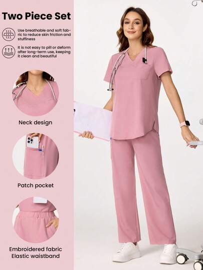 TaskEZ 纯色短袖手术服套装，包括上衣和裤子，女士加大码护士服，女士手术服套装，女士手术服套装，加大码手术服套装，护士手术服套装女士，工作服女士加大服装两件套手术服手术服套装