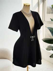 Flirla Plus Size Sexy Deep V-Neck Rhinestone Bow Decor Waist Fitted Dress Elegant Exquisite Mini - Black - View 3