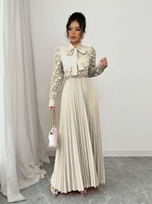 Chiquease 女士优雅花卉网眼覆盖荷叶边蝴蝶结迷你连衣裙，情人节