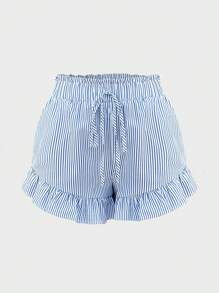 Chiquease Cute & Sexy Blue & White Striped Nautical Ruffle Hem Wide Leg Shorts - Multicolor - View 1