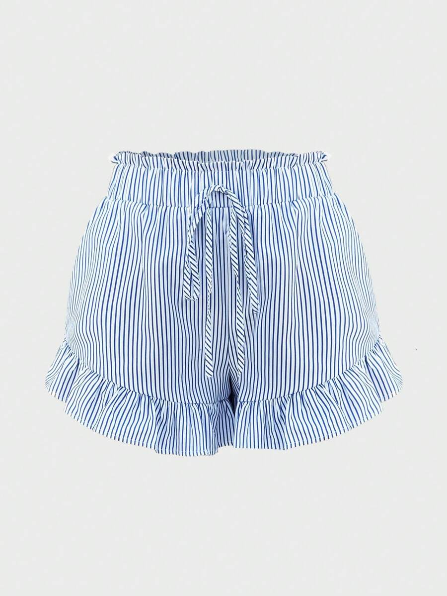 Chiquease Cute & Sexy Blue & White Striped Nautical Ruffle Hem Wide Leg Shorts - Multicolor - View 1