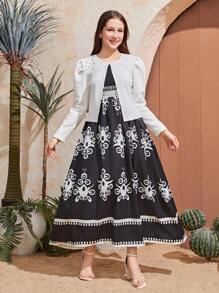 Teen Girl 2 Pieces Set: Elegant Woven Wide Strap High-Low Floral Dress & Textured Knit Crew Neck Puff Sleeve Cropped Jacket, For Spring/Autumn Outer Wear, Summer Air Conditioning,Holiday,Summer,Travel