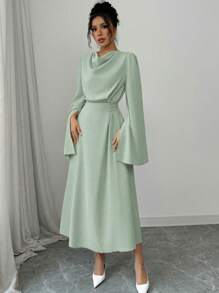 Elenzga Damen elegantes Einfarbiges Kleid mit Glockenärmeln