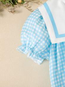 Souflis Souflis Mädchen Kleine Mädchen Sommer Neue Plaid Stoff Kragen Puffärmel Lose Fit Zurück Öffnen Einfaches An-/Ausziehen Mode Niedlichen Kaninchen Druck Süße Kleid