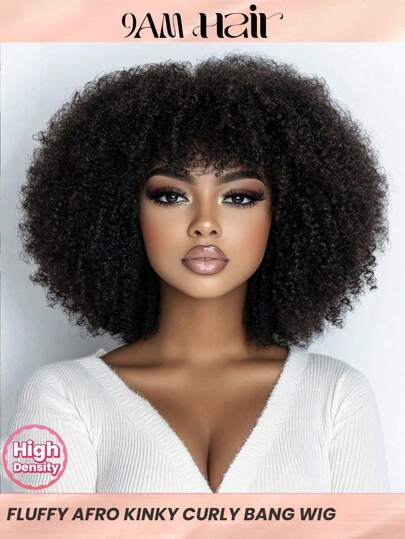 Density Pro Afro Kinky Curly Bob Peruk med lugg Människohår Fluffigt Curly Bob Bang Peruker Limfritt Wear And Go Bob Peruk Naturlig Svart
