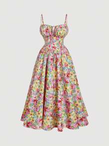 SHEIN MOD 大码女式花卉印花前系带休闲吊带裙，适合度假夏季女士连衣裙茶会连衣裙女装夏季连衣裙女式连衣裙太阳裙女式太阳裙女式复活节连衣裙女式长裙女式超长连衣裙女式连衣裙花卉、紧身胸衣连衣裙