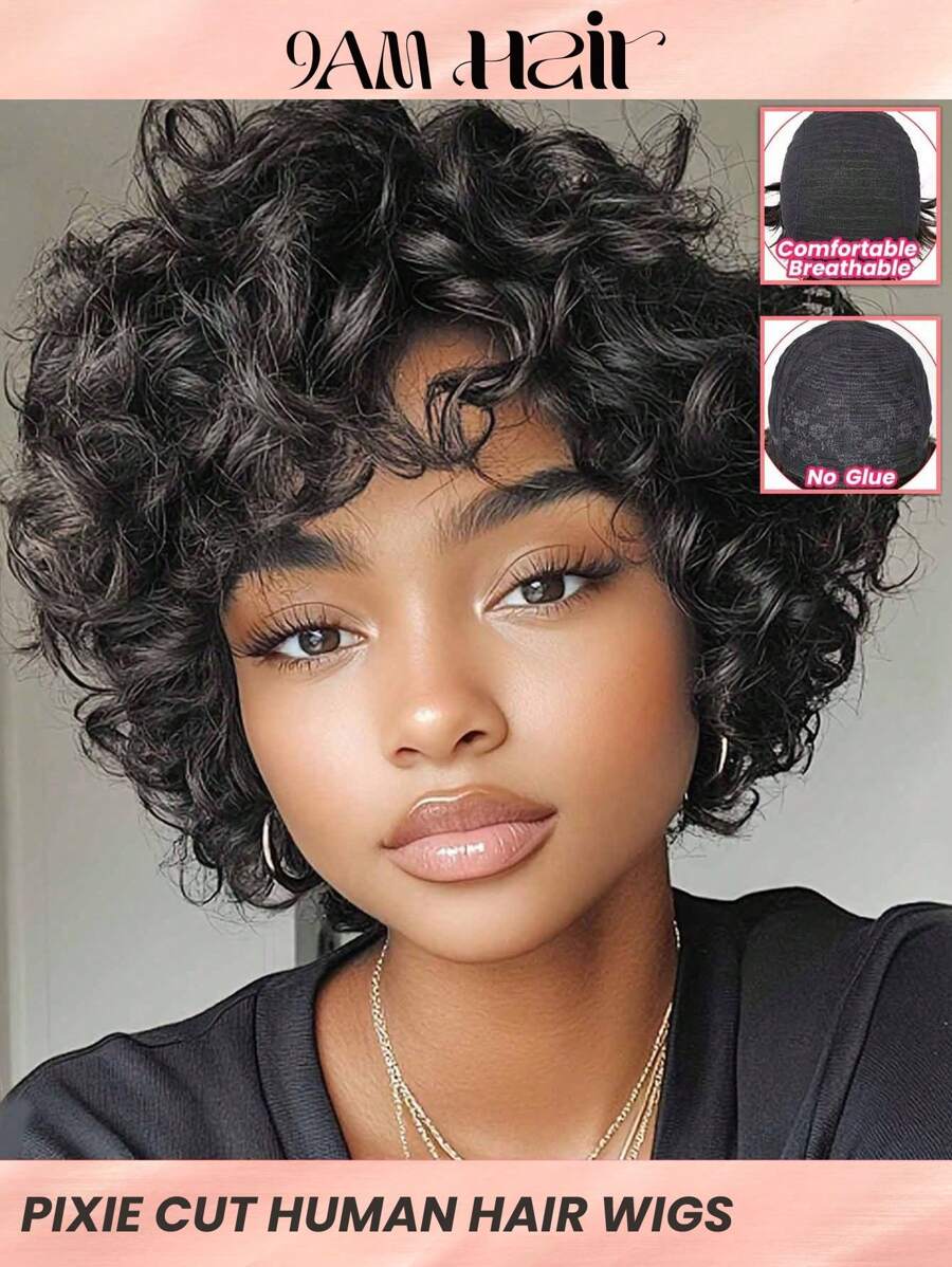 Short Pixie Cut Human Hair Wig With Bangs - Natural Black - View 1