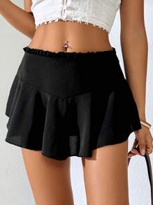 SHEIN Swim Women's Black Ruffled Hem Casual Mini Skirt & Coverup, Spring/Summer - Black - View 1