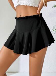 SHEIN Swim Women's Black Ruffled Hem Casual Mini Skirt & Coverup, Spring/Summer - Black - View 3