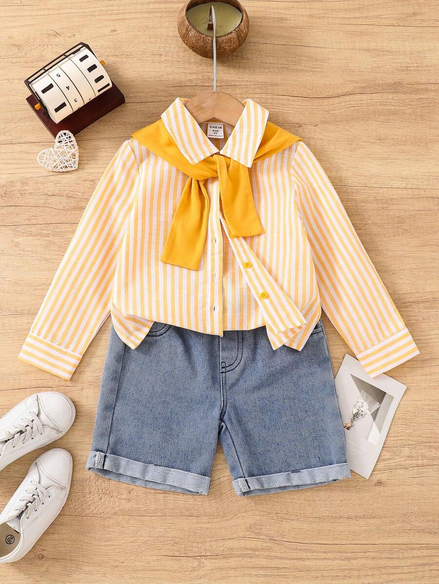 SHEIN Leap Crew 年轻女孩时尚条纹宽松休闲衬衫配披肩 - 黃色 - 查看 1