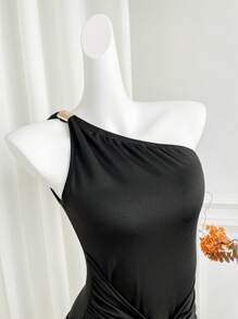 Chiquease 夏季新款黑色不对称领口不对称紧身优雅性感腰部女式迷你连衣裙 - 黑色 - 查看 3