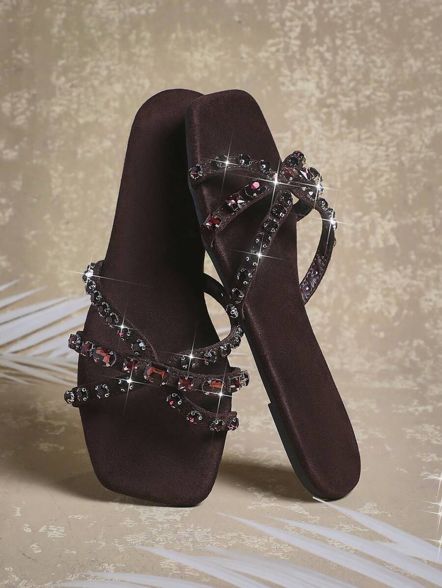 Hauture Women's Glass Rhinestone Casual Fashion Round Toe Flat Sandals With Straps Mother's Day Present For Christmas Valentine's Day - Chocolate Brown - View 1
