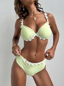 Bikini con reggiseno push-up a fiori verdi, costumi da bagno