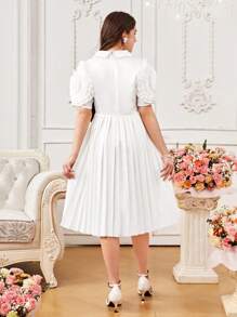 Elegant Teen Girls Rhinestone Plaid Dress, Faux Pearl Double-Breasted Lapel, 3D Floral Decor Short Sleeve, Graceful & Warm,Holiday,Summer,Travel - White - View 2