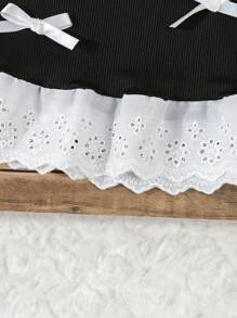 Infant/Toddler Cute Round Neck Ribbed Floral Lace Bow Accent Tank Top - Black - View 6