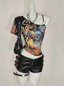 SHEIN ICON 女士 Y2k 外出龙印花不对称领口短袖时尚 T 恤，日常穿着