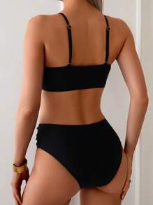 SHEIN Swim 女士黑色吊带镂空性感比基尼泳装套装，沙滩装 - 黑色 - 查看 2