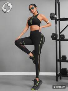 Innovista 女士运动服二合一套装、缝合运动胸罩和运动紧身裤、两件套健身服、透气网眼剪裁和高弹力干爽健身上衣和下装、高腰裤和塑身衣、前卫独特时尚运动服、户外、跑步、有氧运动、力量、举重、普拉提、瑜伽、垫子、拳击、舞蹈、徒步旅行、露营、越野、排球、音乐节、派对、黑色春夏装备、比基尼、泳衣 - 黑色 - 查看 3