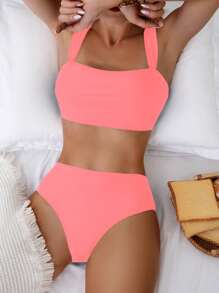 SHEIN Swim 纯色比基尼泳装 - 珊瑚粉 - 查看 3