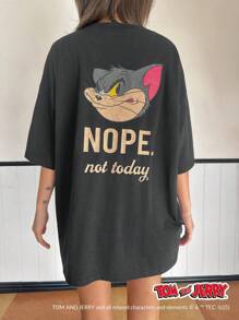 TOM AND JERRY X DAZY Áo thun nữ tay dài/tay ngắn cổ tròn dáng rộng in chữ và hình mèo hoạt hình, kiểu dáng dễ thương, áo thun oversized, áo thun họa tiết, áo dành cho giáo viên. - Màu xám đen - Xem 3