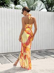 Swim Vcay 2 Stücke/Set Frühling Allover-Muster zufälliges Blumen 3D Muster rückenfrei mit hohem Schlitz Rock Frauen Strandmode Set