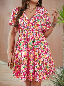 SHEIN LUNE Plus Size Bright Ditsy Floral V-Neck Short Dress Plus Size Summer Dresses For WomenVacation Dress Wedding Clothing Birthday Outfits For Women Women Clothing Vacation Wedding Guest Dress - Hot Pink - View 7