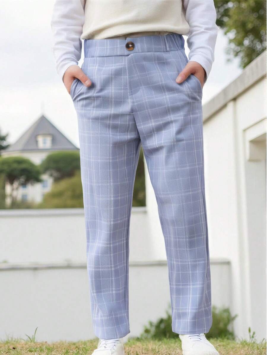 SHEIN Young Boys' Elegant Casual Plaid Slanted Pocket Long Pants Kids Clothes Pants Boys Clothes Kids Pants - Grey - View 1