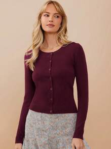 WESTFADE Summer Crewneck Button Front Long Sleeve Cardigan Sweater - Burgundy - View 5
