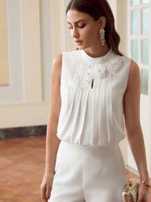 ZEYLAH Women 3D Floral Pleated Blouse, Solid Color, Minimalist, Suitable For Summer - Beige - View 6