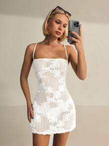 SHEIN ICON 女士 Y2k 外出度假沙滩装 花卉 3D 镂空露背透明吊带白色连衣裙 - 杏色 - 查看 2